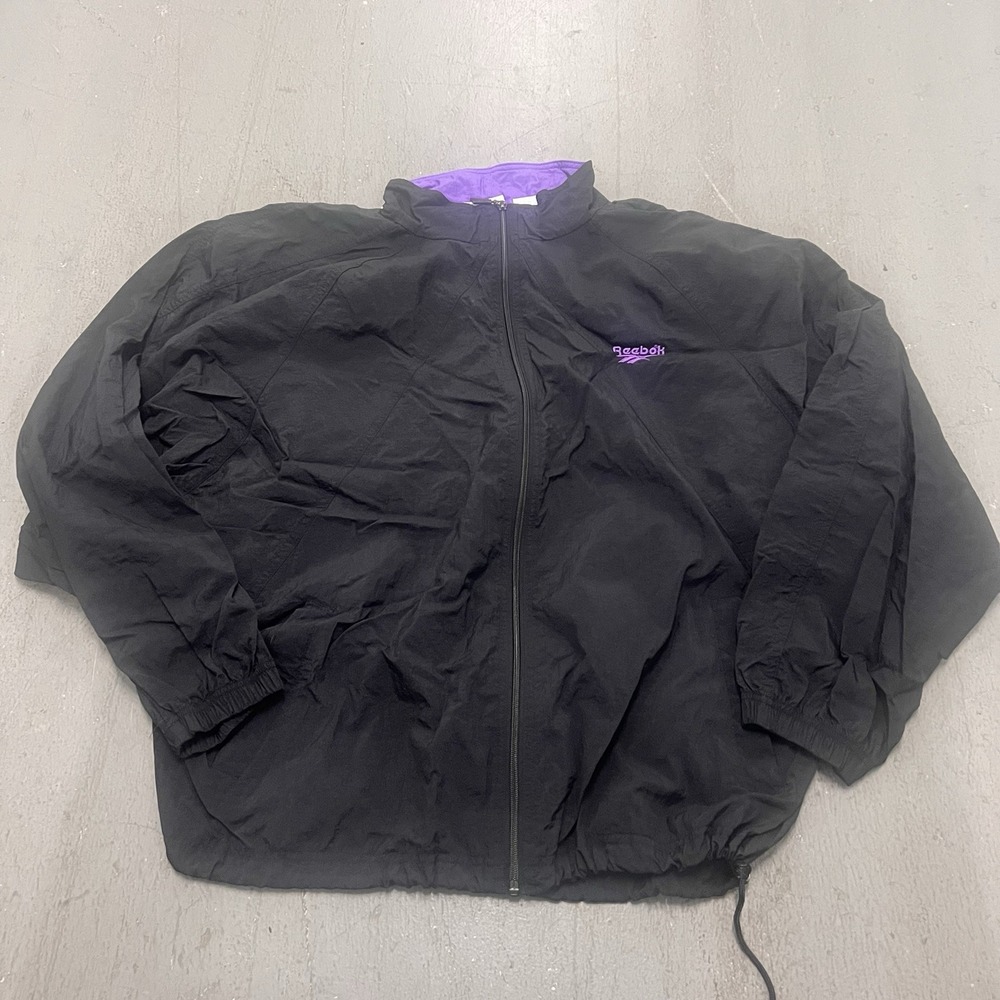 Reebok Men's XL Black Purple Full Zip Windbreaker Jacket Retro Athletic Coat‎